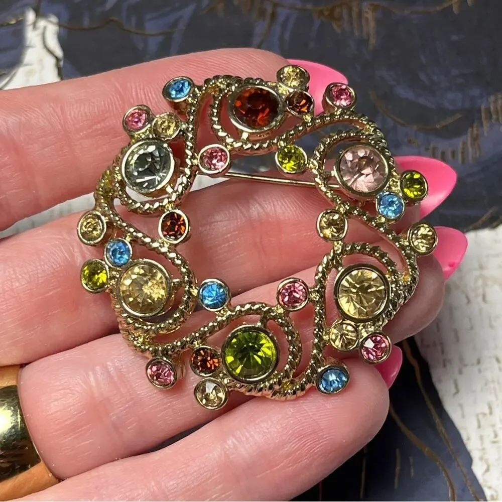 Estate Vintage Large Gold Brooch with Scrollwork and Multicolor Gemstones D1